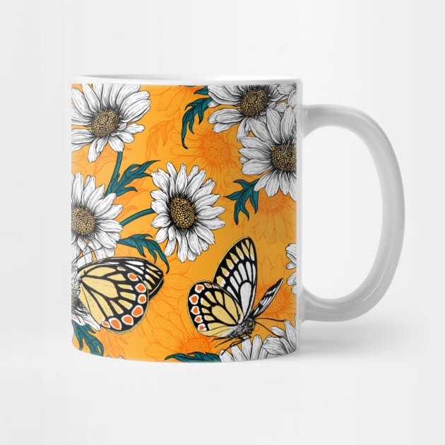 Jezebel butterflies and daisy flowers on orange by katerinamk